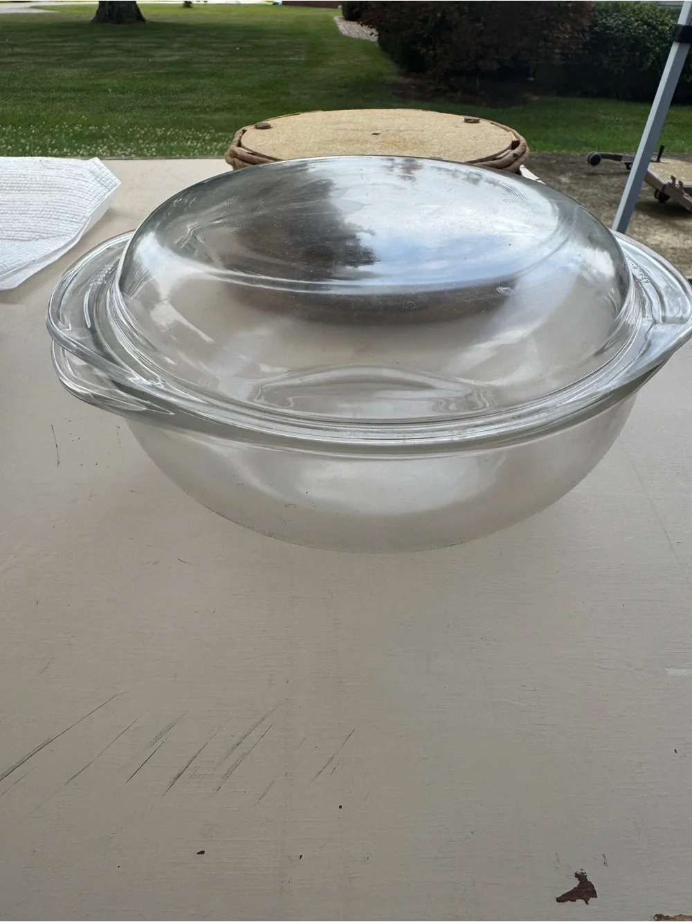 Pyrex Clear Glass Casserole Dish with Woven Brown Rattan Basket